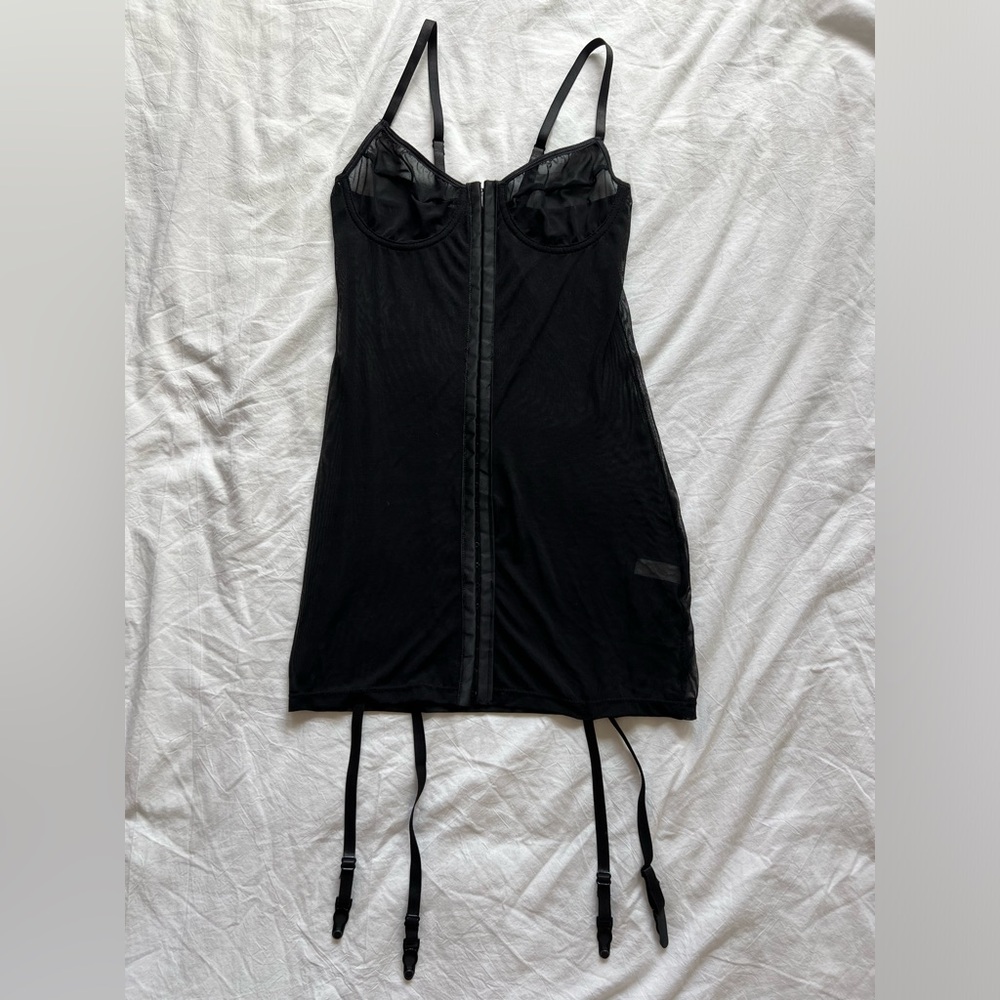 Forplay black mesh chemise with garter straps S